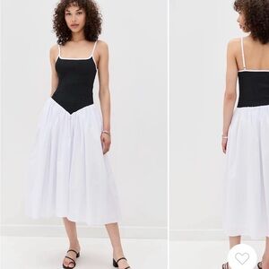 PITUSA Black Smocked Bodice Midi Dress with White Skirt, Size Petite